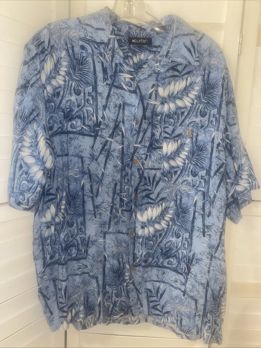 Puritan Men's Hawaiian Blue Shirt Button Front Short Sleeves 100% Rayon Large